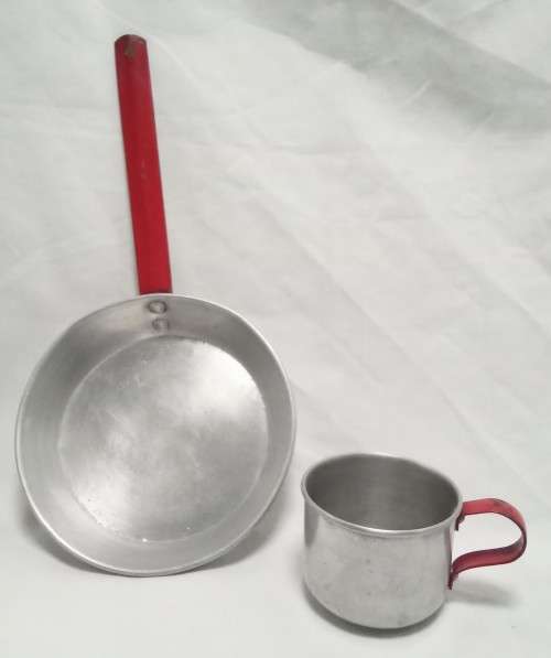 Miniature aluminium frying pan and cup
