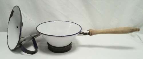 Vintage enamel sieve and funnel