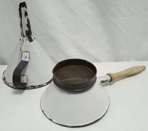 Vintage enamel sieve and funnel