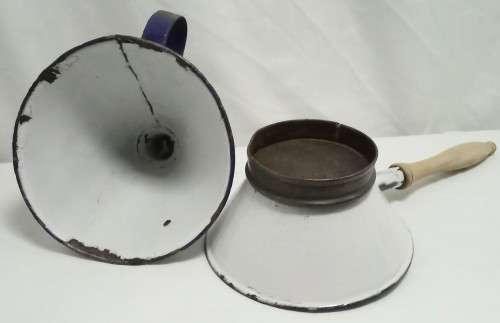 Vintage enamel sieve and funnel