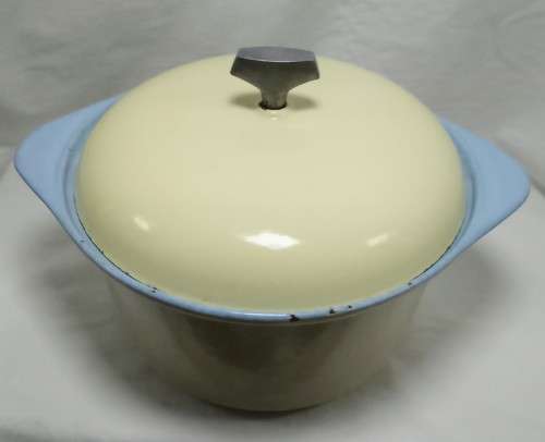 Vintage Yellow round cast iron casserole dish with lid