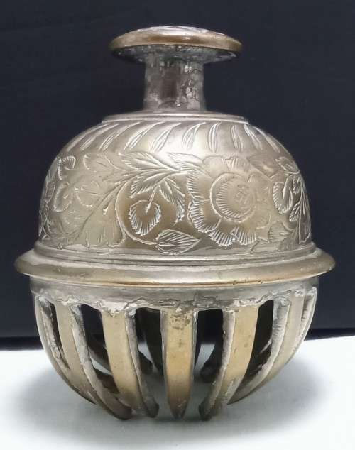Rather large Vintage Brass Indian / Tibetan Elephant Claw Bell with etched leaves