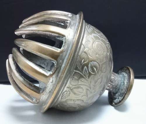 Rather large Vintage Brass Indian / Tibetan Elephant Claw Bell with etched leaves