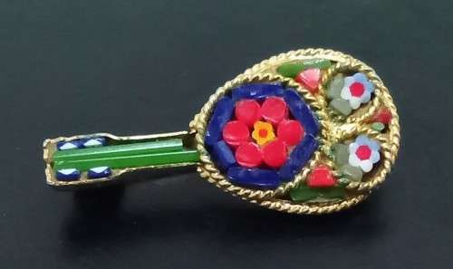 Vintage mandolin shaped micro mosaic brooch