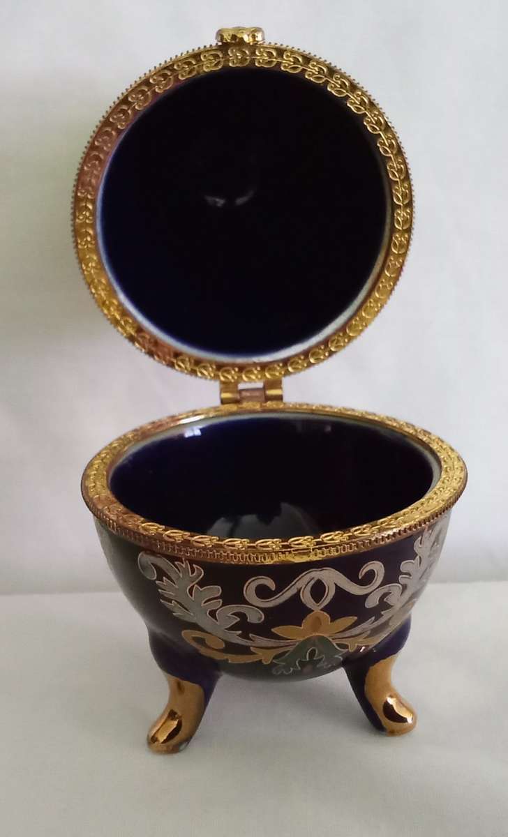 Vintage Acko Porcelain Egg Trinket Box-Royal Blue