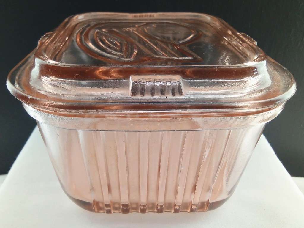 Pink Depression Glass Refrigerator container from the 1940s