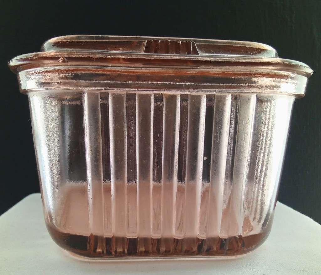 Pink Depression Glass Refrigerator container from the 1940s