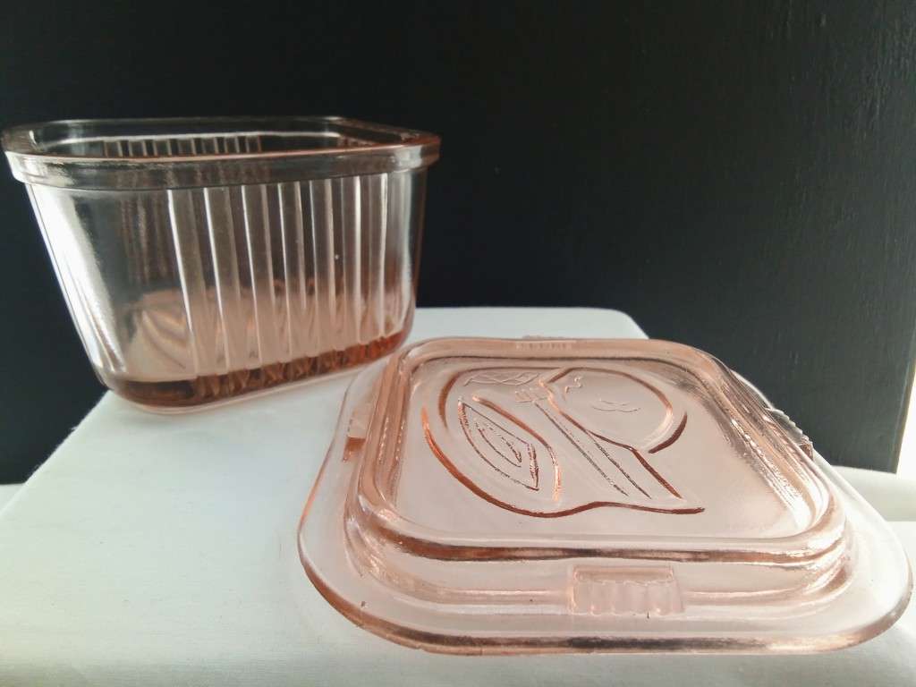 Pink Depression Glass Refrigerator container from the 1940s