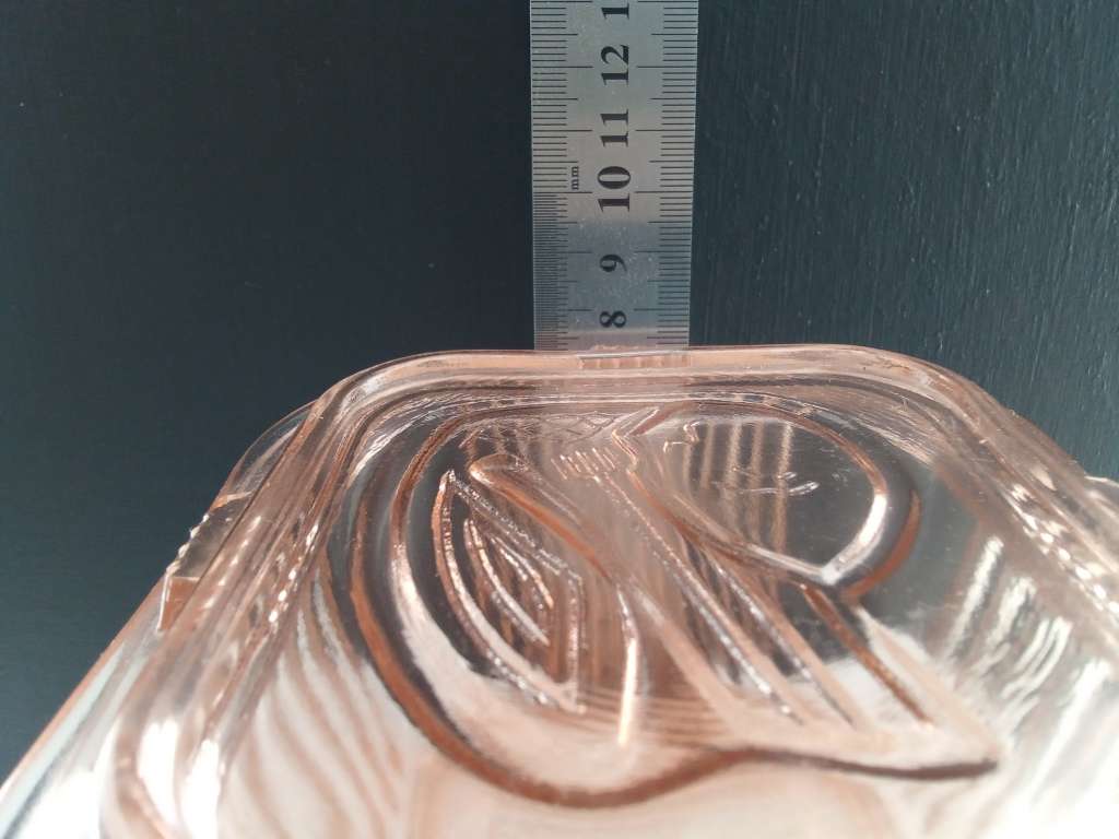 Pink Depression Glass Refrigerator container from the 1940s