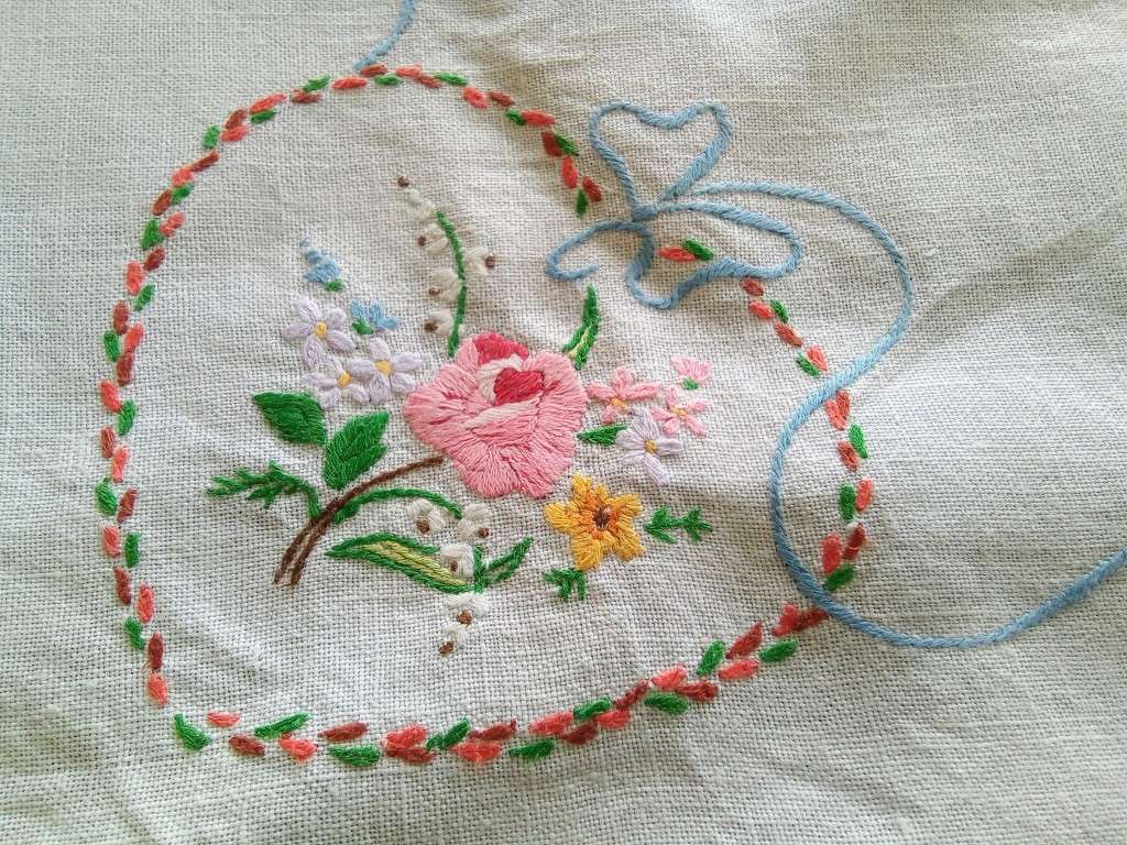 Lovely Vintage hand embroidered tray cloth - About 48cms across