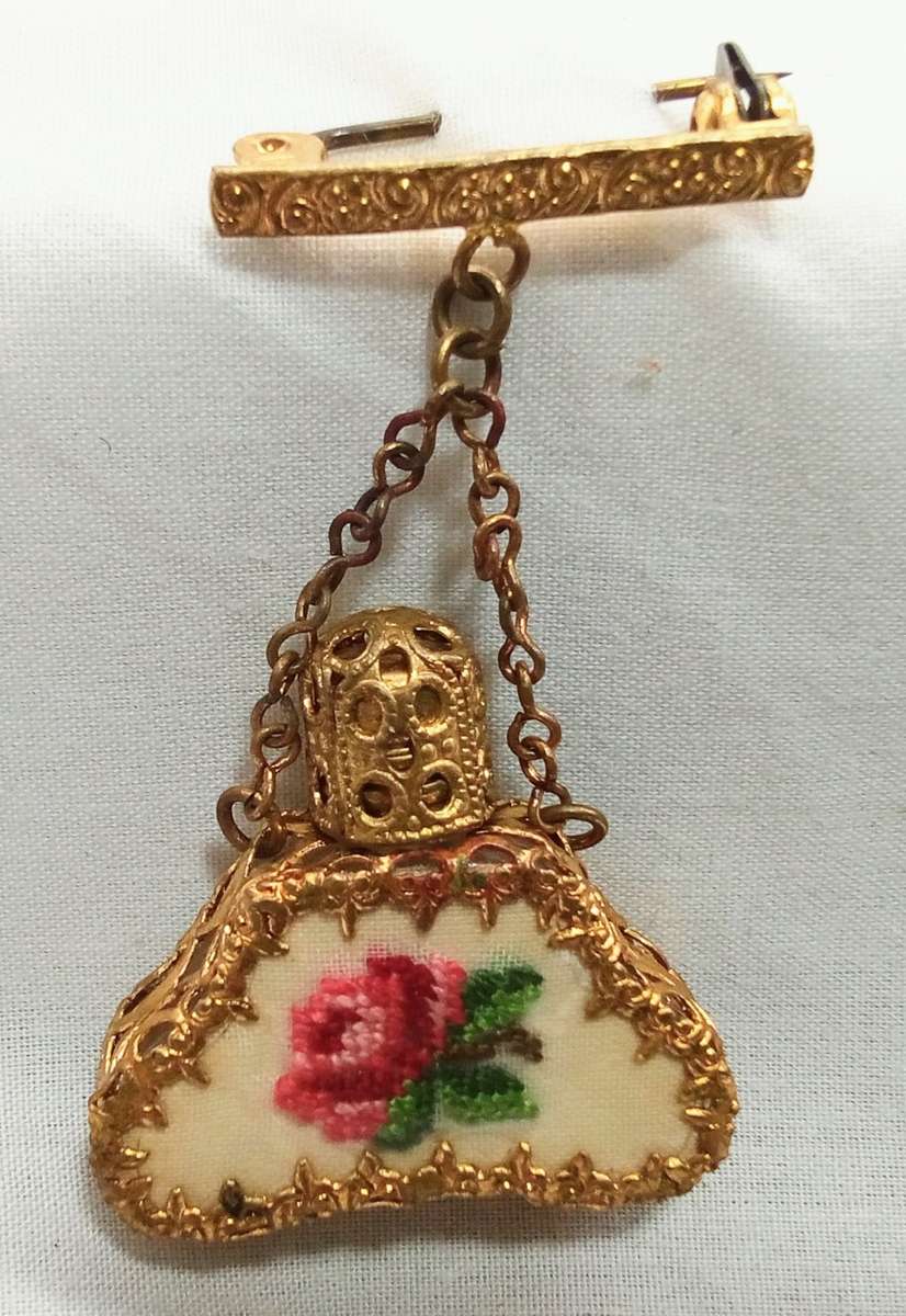 Vintage embroidered gold gilt perfume bottle brooch