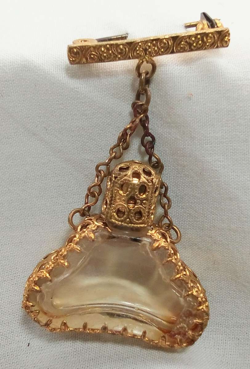 Vintage embroidered gold gilt perfume bottle brooch