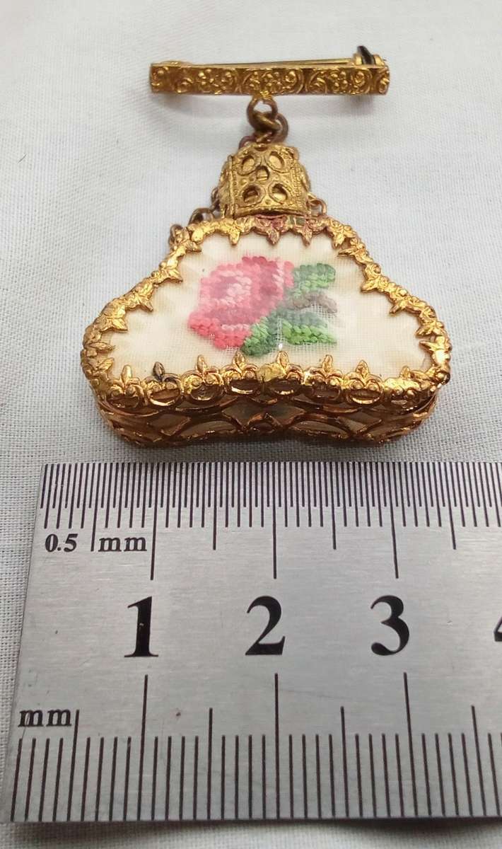 Vintage embroidered gold gilt perfume bottle brooch