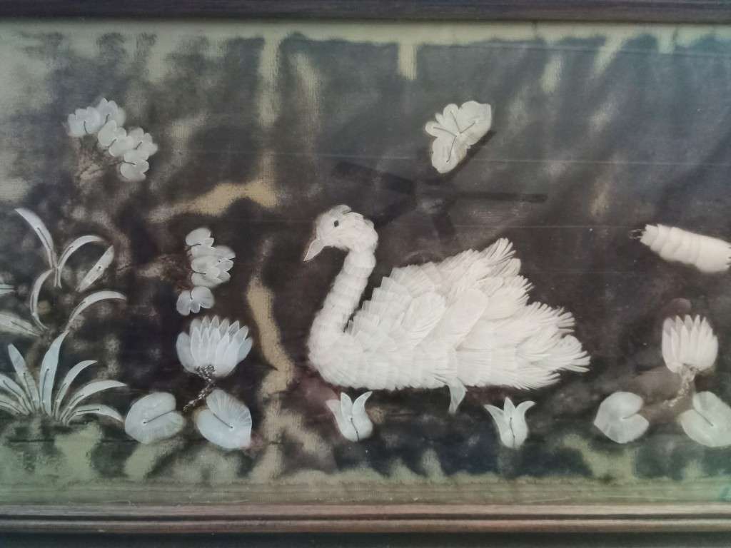 Exquisite Vintage picture with swan -  made of fish scales