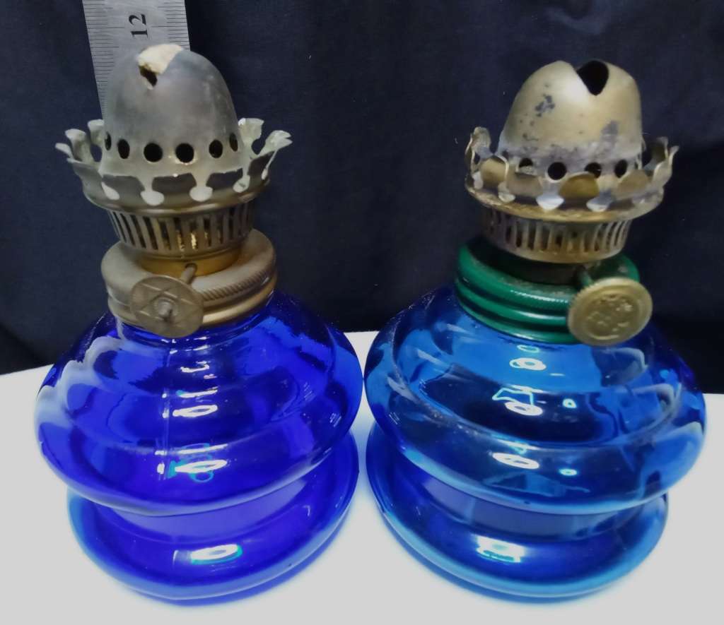 Two gorgeous Vintage medium sized blue glass oil lamp bases