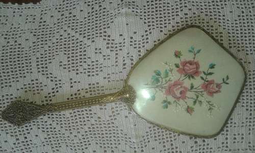 VINTAGE HAND MIRROR WITH EMBROIDERED BACKING (NO. 2)