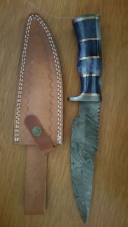 Damascus Steel Skinner Knife With Colored Bone Handle