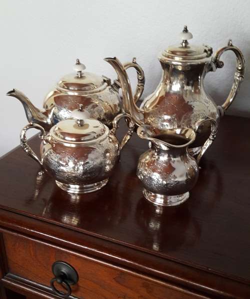 John Turton 4 Piece Tea Set Sheffield Hand Chased E.P.B.M