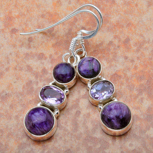 AMAZING  Genuine Amethyst and Rare Charoit  .925 Sterling Silver Earrings!