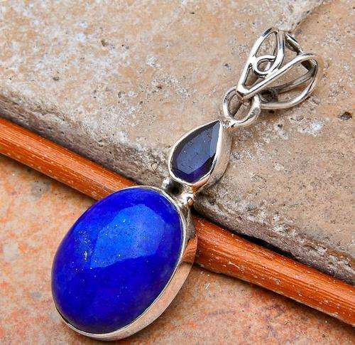 BEAUTIFUL  Pyrite in LAPIS LAZULI and AMETHYST gemstone Silver Pendant! !!