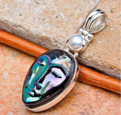 UNIQUE Design!  Carved TITANIUM and PEARL .925 Sterling Silver  Pendant!