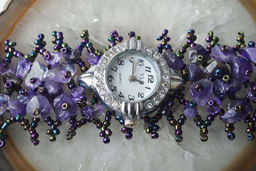 Spectacular  Genuine AMETHYST and beads WRISTWATCH Bracelet !!