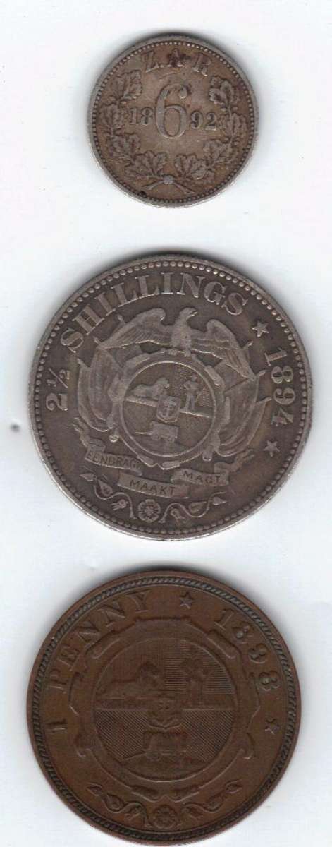 3 ZAR coins, 1894 21/2 shilling, 1892 6p and1898 1penny