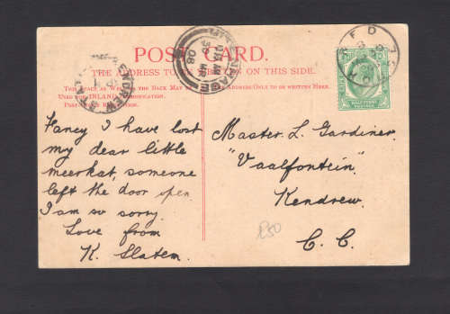 Cape Of Good Hope stamp on card Strikes Kendrew and Uitenhage on a Zuurberg card