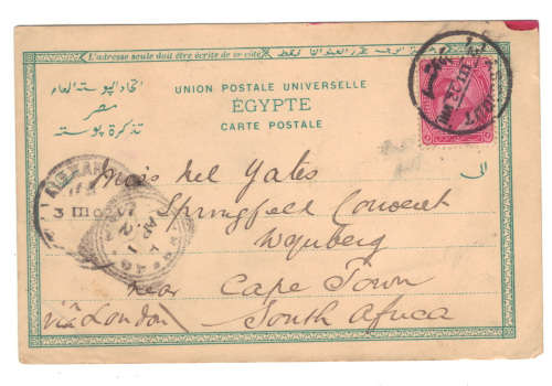 Egypt: Used card sent from Egypt to Wynberg In the Cape: Assioul 1902