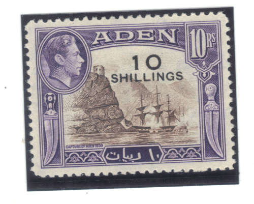 Aden: SG no 46    lightly mounted mint  very fine item   Overprinted 10 shillings