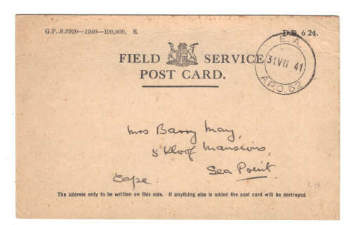 W W ll - Field Service Post Card. 30.7.41  To Sea point Cape