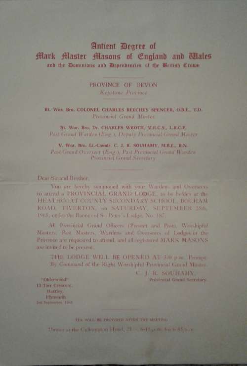 Mark Master Masons - Province of Devon Invitation - 1965
