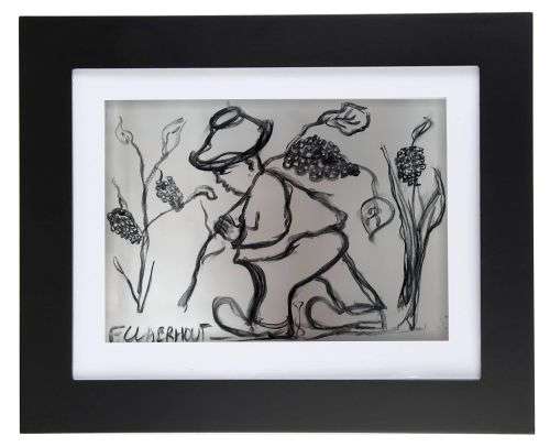 Large Frans Claerhout Charcoal on Paper (65cm x 55cm) - Figure with Grapes - Comes with COA