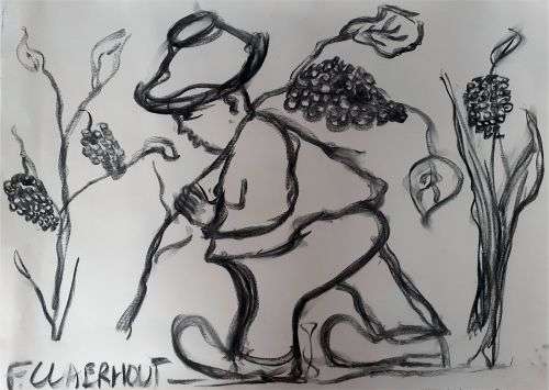 Large Frans Claerhout Charcoal on Paper (65cm x 55cm) - Figure with Grapes - Comes with COA