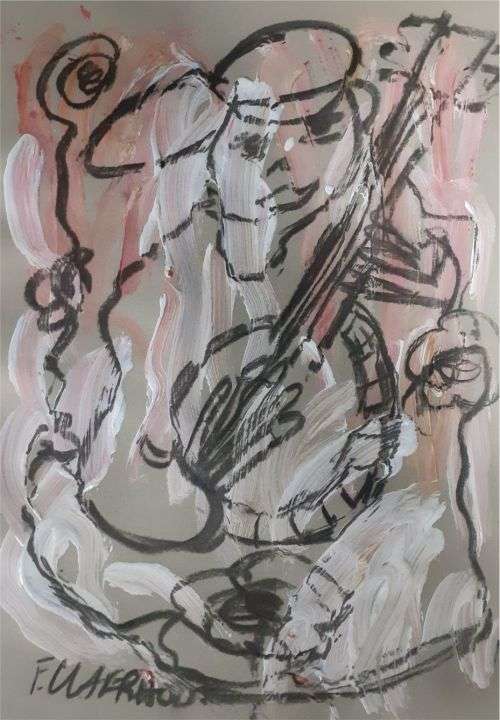 MAKE AN OFFER! Frans Claerhout - Mixed Media on paper - Guitar Player - Comes with COA.