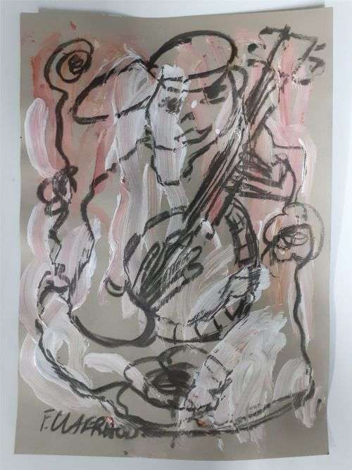 MAKE AN OFFER! Frans Claerhout - Mixed Media on paper - Guitar Player - Comes with COA.