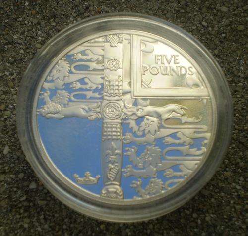Sterling silver 5 Pounds 2002 Proof coin *Alderney* with gold portrait of the queen