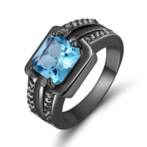 Men's Princess Cut Size 12 Elegant Aquamarine 18K Black Gold Filled Wedding Ring