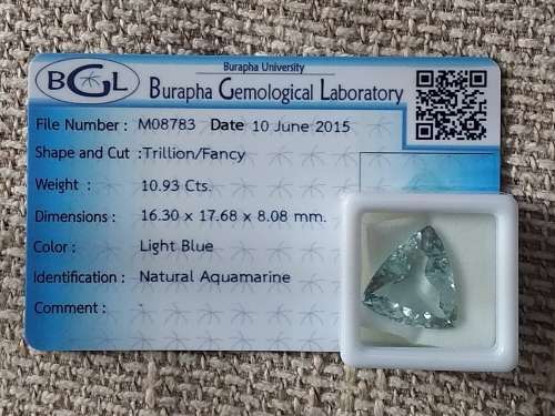 10.93ct Ravishing Colour Certified Light Blue Aquamarine Trillion Cut 100% Natural