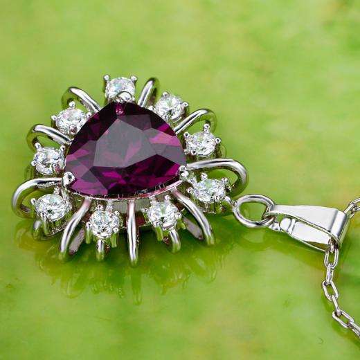 Beautiful Triangle Cut Amethyst & White Topaz Set In Silver Pendant Necklace With Chain