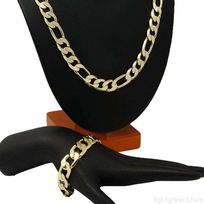24k Yellow Gold Filled Figaro Link Chain Mens Necklace/Bracelet Set . Lovely