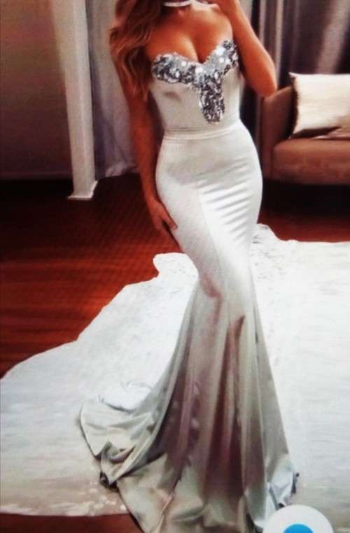 Silver Satin Evening Dress