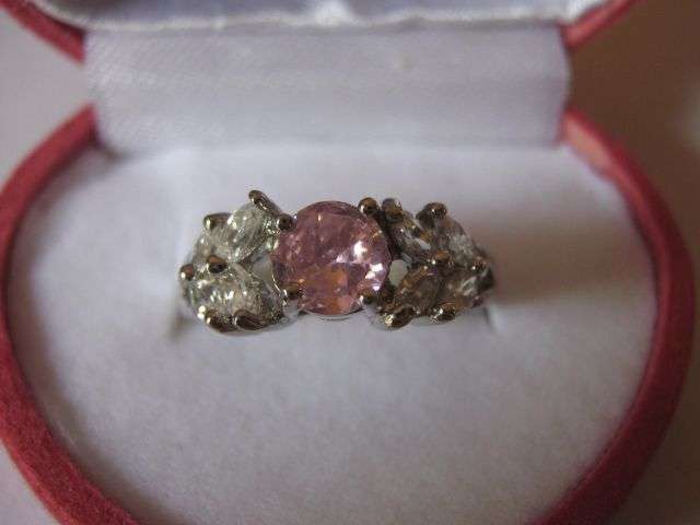 Size 7 - Unusual!! Cluster Ring with a Pink centre stone  clad in 18K White Gold!!