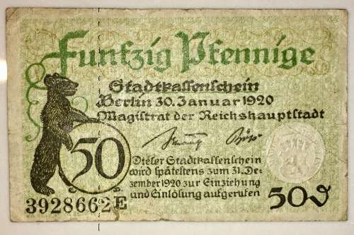 1920 50 PFENNIG GTADTKAFFENFCHEIN BERLIN