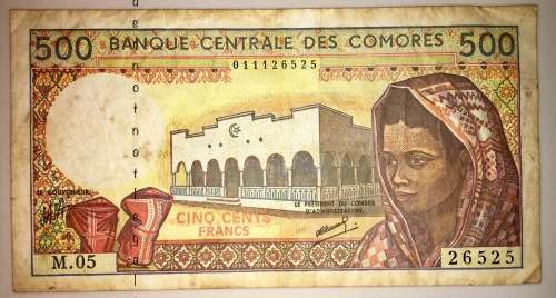 500 FRANCS 1976 COMORES  VF  CONDITION
