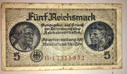 5 REICHSMARK  1940/45 WW2 DUETSCHE WEHRMACHT SWASTIKA SS