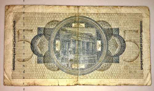 5 REICHSMARK  1940/45 WW2 DUETSCHE WEHRMACHT SWASTIKA SS