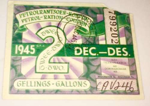 2 GALLONS 1945 DEC PETROL RATION COUPON
