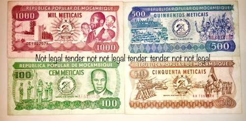 MOZAMBIQUE SET OF 4,,,,500 METICAIS TO 50 METICAIS 1980s