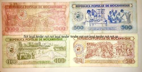 MOZAMBIQUE SET OF 4,,,,500 METICAIS TO 50 METICAIS 1980s